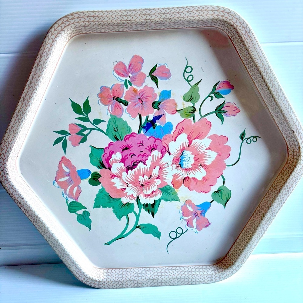 Vintage Floral Tin Tray White Pink 80s